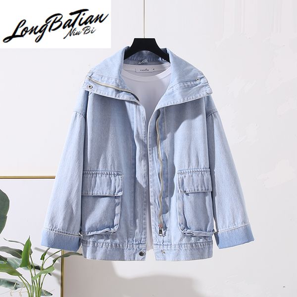 

vintage washed blue big pocket denim outerwear women 2020 spring korean loose long sleeve jeans jacket female basic coat, Black;brown