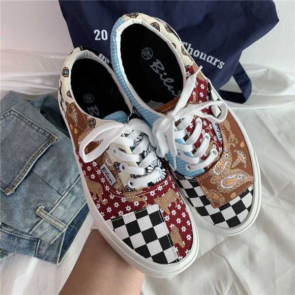 

2020 autumn new sports and leisure all-match korean color matching niche retro plaid canvas shoes flat shoes women's 35-40, Black