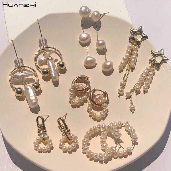 

huanzhi 2020 new natural freshwater pearl star chain long tassel geometric metal hoop earrings for women jewelry, Golden;silver