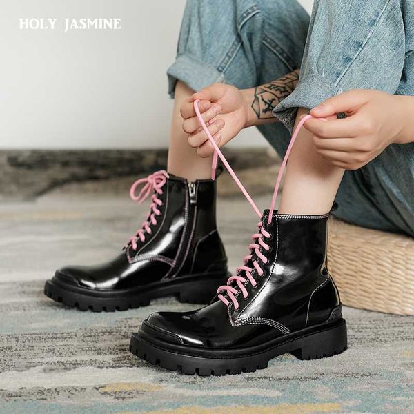 

designer platform boots women patent leather side zipper ankle boots for women chunky motorcycle shoes woman, Black