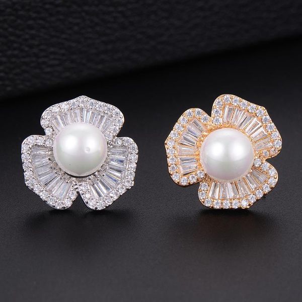 

missvikki noble pearl blooming flowers stud earrings original boucle d'oreille femme accessories romantic bijoux, Golden;silver