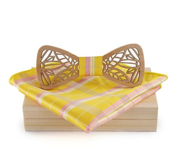 

wholesale fashion wood bow tie handkerchief set for mens suit hollow carved wooden bowties papillon corbatas gravatas, Black;gray