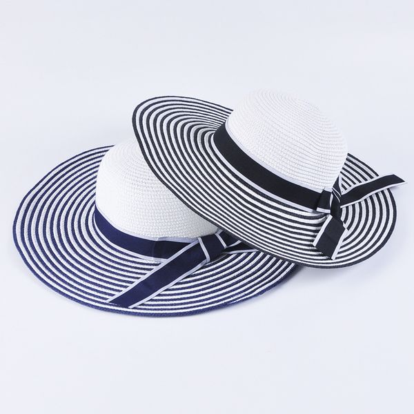 

wide brim hats paper stripped large with bow tie summer sun hat for women, Blue;gray