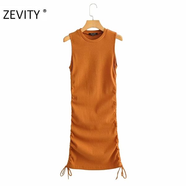 

zevity new women fashion candy colors side pleated bow tied slim vestido chic female o neck sleeveless knitted vest dress ds4392 c200919, Black;pink