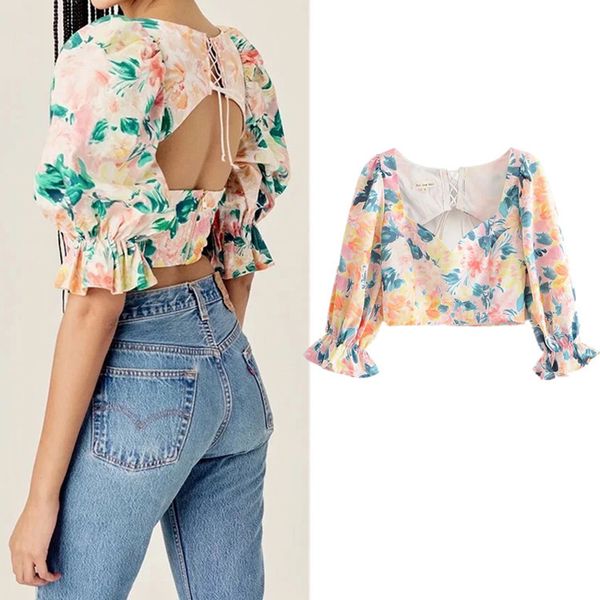 

vintage backless цветочные печати crop top summer women casual blusas mujer де moda 2020 v шеи puff рукавом блузка рубашки отдыха, White