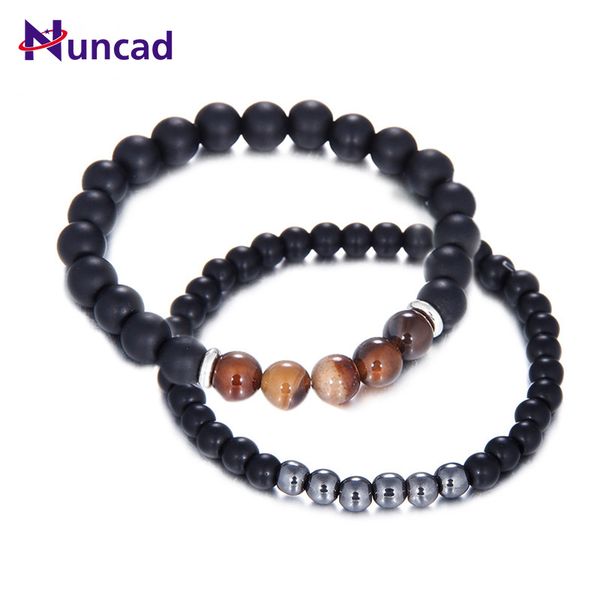 

2pcs men bracelet set vintage new fashion frosted natural stone beaded bracelets for men geometry round circle bangles, Golden;silver