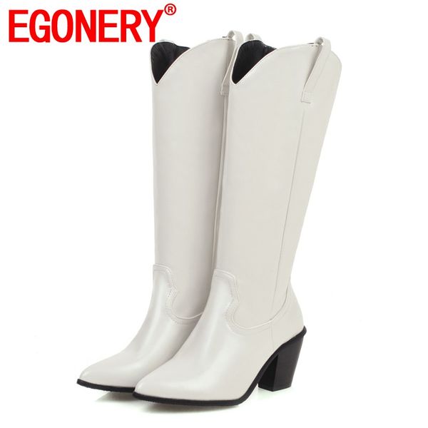 

egonery cool woman western boots 7cm high heels women's shoes pointed toe mid-calf boots white black motorcycle 33-45cn