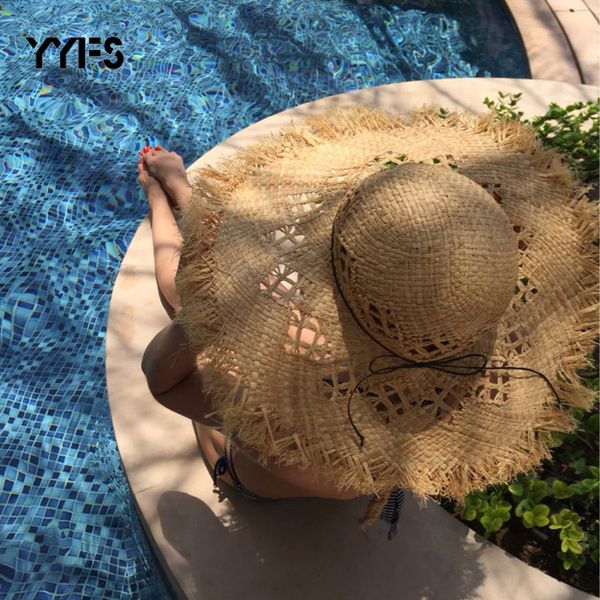 

wide brim hats lafite straw hat female tourism summer beach cap hollow manual visor outdoor holiday fashion sun protection art sombrero muje, Blue;gray