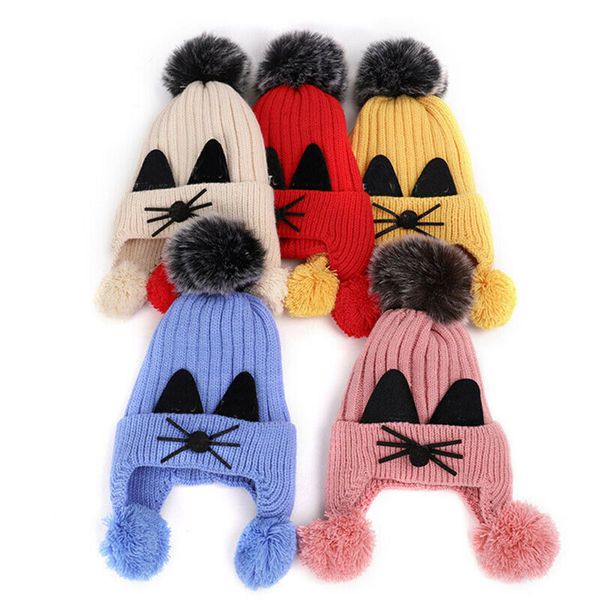 

toddler kids winter warm hats boys girls baby crochet knitted beanie hat cute cat hats baby plush pom for 2-11years, Yellow