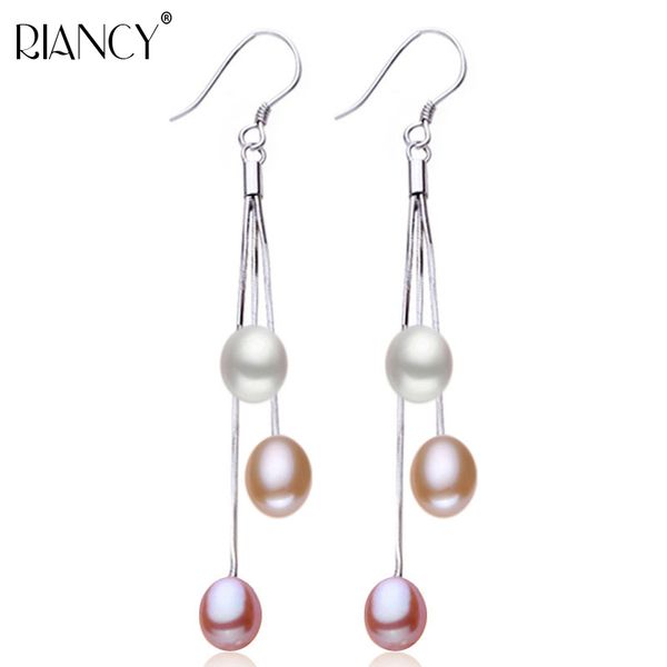

trendy natural freshwater pearl earrings,three beads with long 925 silver earrings for women, fine jewelry wedding birthday gift