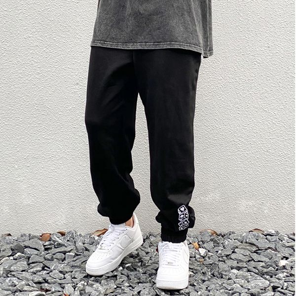 

high street embroidery loose terry sweatpants men and women drawstring joggers sweat pants baggy hip hop casual pants, Black