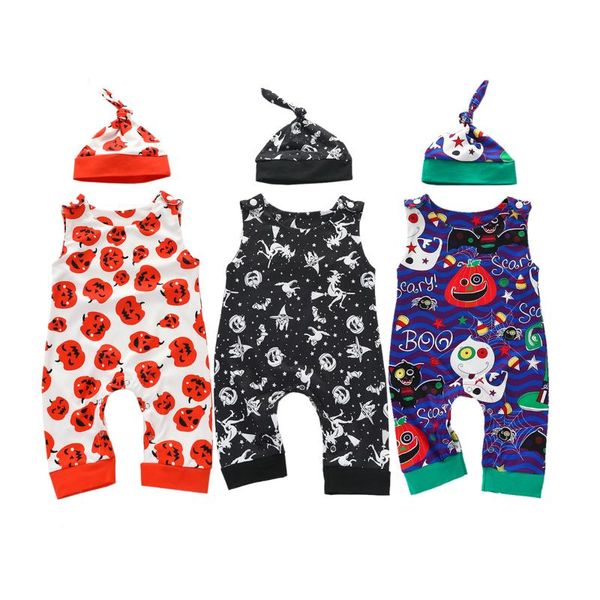 

newborn infant baby boy girl romper and hat pumpkin print o neck sleeveless jumpsuit baby christmas clothing, Blue
