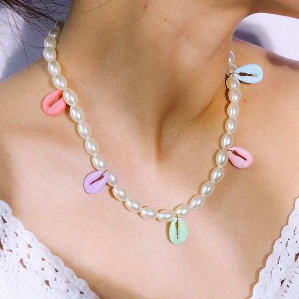 

jcymong luxury oval simulated pearl choker necklace for women bohemian colorful shell gold color metal cowrie pendant necklace, Golden;silver
