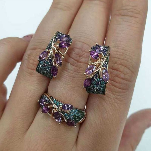 

2020 3pcs exquisite leaf shape ring earrings set bohemian women's wedding jewelry set crystal ladies anniversary party gift, Silver