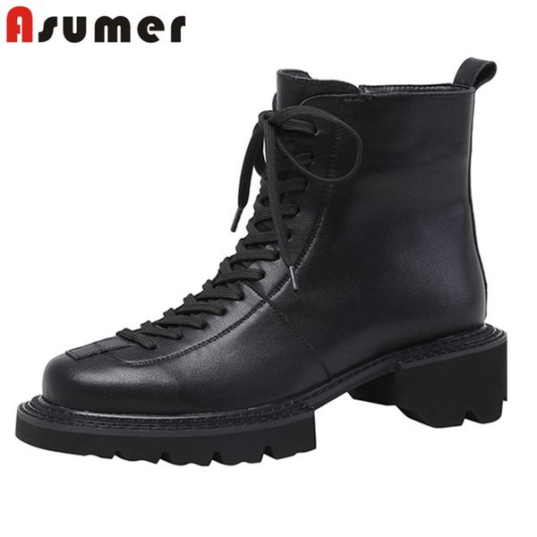 

asumer 2020 big size 43 thick bottom casual shoes women genuine leather ankle boots lace up zip motorcycle boots woman, Black