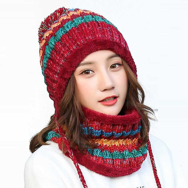 

fashion winter knit warm hat&scarf&mask set women girls 2020 stripe breathe scarf pompoms knitted caps and scarf mask, Blue;gray