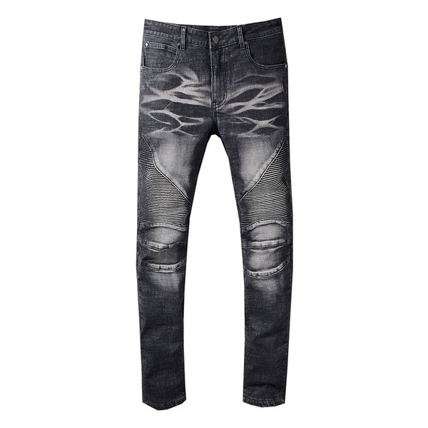 

new men's male trousers autumn and winter me's black unique wash knee folds slim-fit jeans motorcycle denim pants, Blue