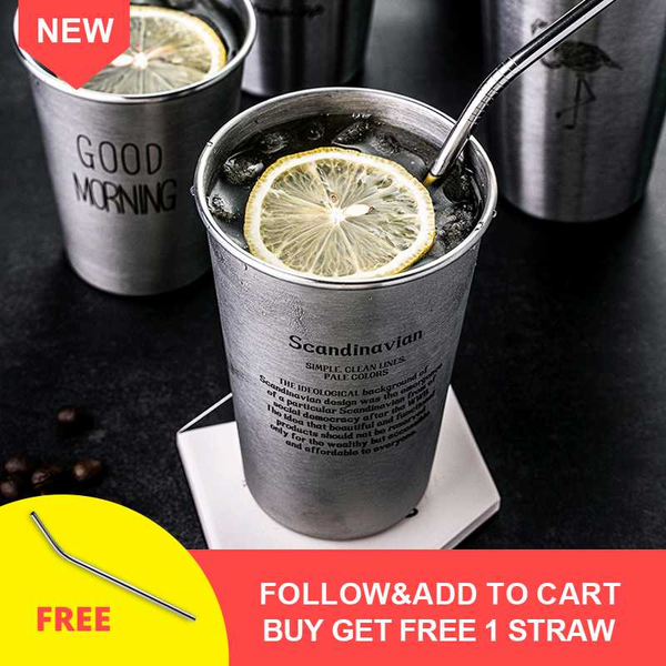 

mugs bar beer mug stainless steel with straw metal anti-fall wine glass home water cup creative ins nordic style whiskey mark