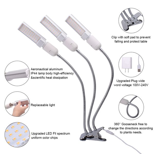 

Three-head Flat Clip Corn 60W 5V Dimmable Plant Light Full Spectrum Warm White LED Silver Suitable for indoor use