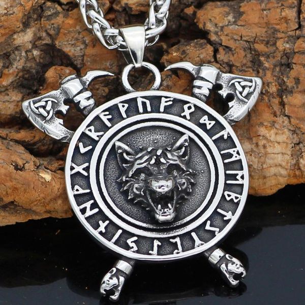 

men viking stainless steel wolf axe rune helm of awe wolf necklace, Silver