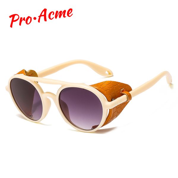 

pro acme 2020 cool fashion steampunk round sunglasses men women leather side shield brand design gothic punk sun glasses pa1280, White;black