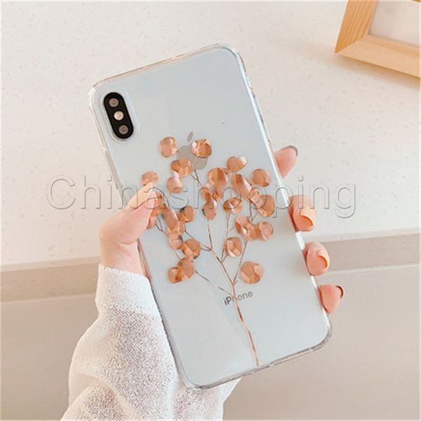 

plating shining maple leaves case for iphone xr x xs 11 pro max 7 8 plus plant gold foil tree phone clear back cover