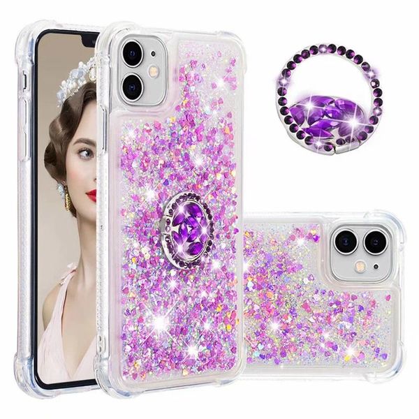 

quicksand shockproof soft tpu case for iphone 11 pro xr xs max 8 7 6 360 finger metal ring flower bling diamond liquid holder heart cover