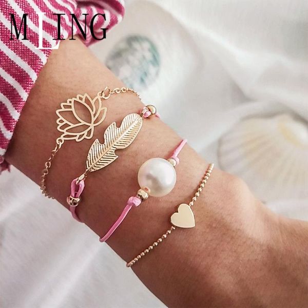 

charm bracelets mling 4 pcs/set vintage pearl lotus love feather bracelet set for women multilayer bangles pulseira, Golden;silver