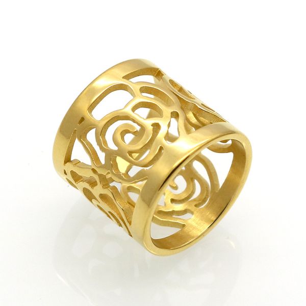 

cluster rings 2021 arrival rose flower hollowing craft gold colour ring fashion brand jewelry stainless steel wholesale, Golden;silver