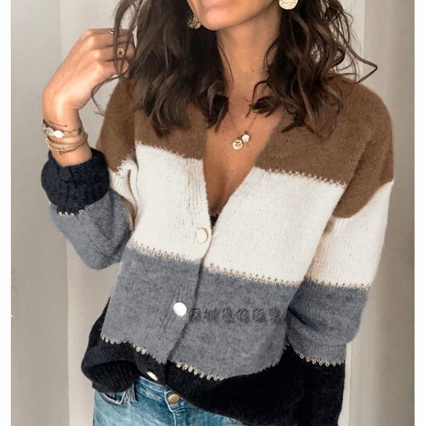 

2020 autumn new fashion cardigan warm sweaterbutton sweaterstriped button v-neck sweater warm loose outerwear sweater for women zhjhf, White;black