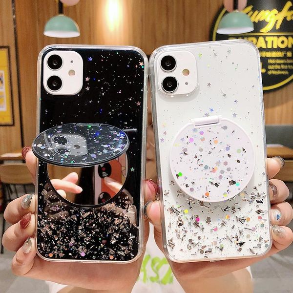 

glitter sequins round mirror phone case for iphone 11 pro max xr xs max 6 7 8 plus x soft epoxy stand back cover