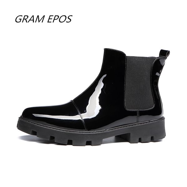 

autumn new high-grade leather shoes high-shoes men england thick-soled casual boots patent leather round head light booties, Black