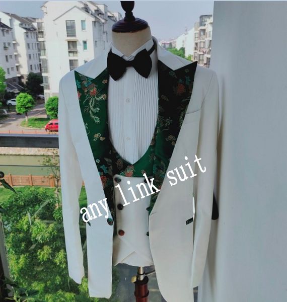 Moda Bir Düğme Fildişi Damat Smokin Yeşil Desen Tepe Yaka Groomsmen Erkek Takım Elbise Düğün / Balo / Akşam Yemeği Blazer (Ceket + Pantolon + Yelek + Kravat) K538