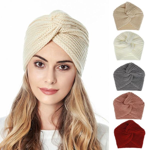 

women muslim winter turban beanie hat crochet knitted twist cross knotted solid color casual warm chunky skull cap hair wrap, Blue;gray
