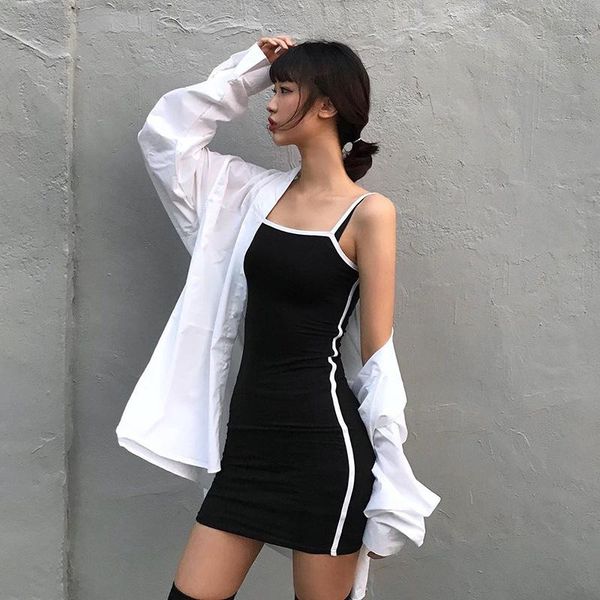 

design feeling dress 2020 women's new products tight hip sling skirt collar skirt side stripes color skirtty, Black