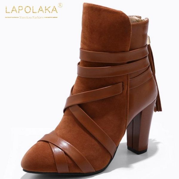 

lapolaka 2020 fashion new thick high heels ankle boots women shoes fringe zip up concise office comfortable shoes ladies boots, Black