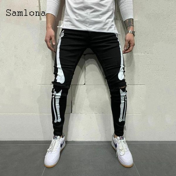 

samlona jeans men fashion skinny denim pants male 2020 halloween bone printed pants streetwear male denim jeans pencil trousers, Blue