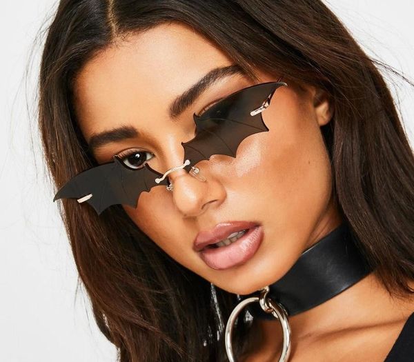 

2020 new small cool cat eye sunglasses women fashion rimless bat shape party sun glasses for men multicolor mirror, White;black