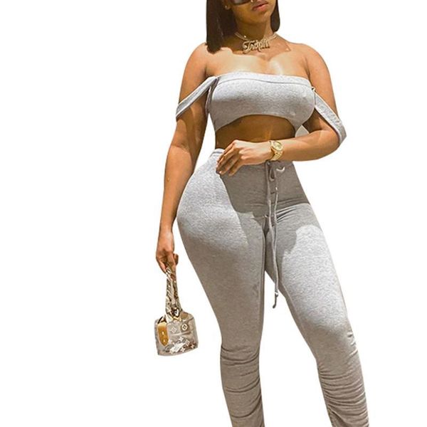 

women ladies flare pants stacked joggers slash neck off shoulder tanks pleated high waist trousers split bell bottom pants, Gray