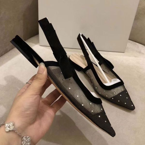 

summer new high-heeled sandals pointy fashion versatile mesh kitten heels sandals bowknot women's slim heel baotou single shoes, Black
