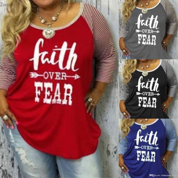 

tshirt women spring autumn striped color patchwork o-neck long sleeved tees faith over fear, White