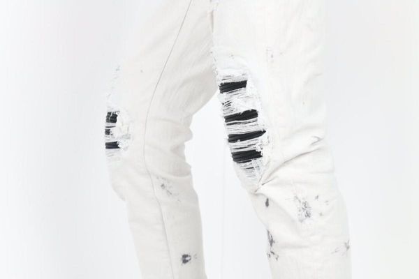 

men black pu ribbed patch stretchy distressed dirty white jeans, Blue