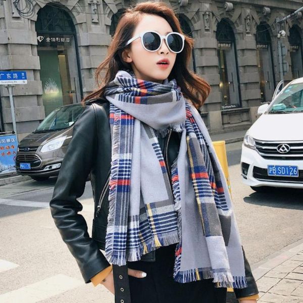 

scarves autumn winter european and american cashmere long four-sided mustache plaid scarf casual thick warmth big shawl bufanda, Blue;gray