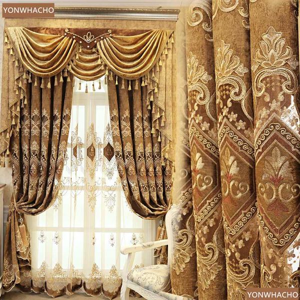 

custom curtains luxury european shading chenille embroidered brown bedroom thick cloth blackout curtain tulle valance drape b826