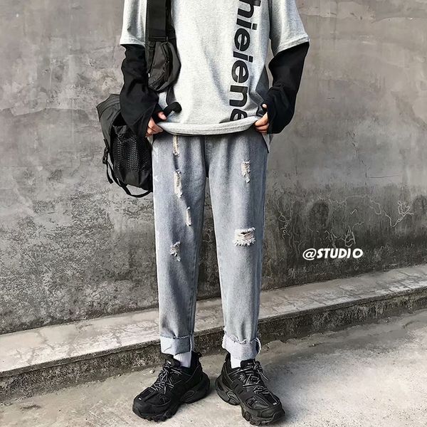 

autumn winter 2020 mens loose ripped jeans trendy brand korean style trendy light-colored trousers straight wide-leg harem pants, Blue