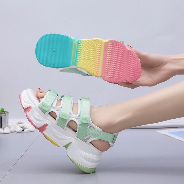 

women sandals colorful flat platform mesh breathable hook loop ladies summer walking daddy shoes girls comfort candy color woman, Black