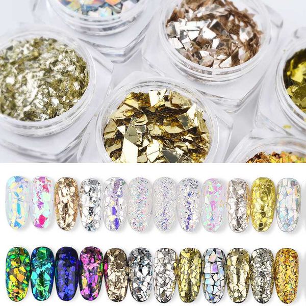 

nail glitter 3 designs ab chameleon sequins set glass paper irregular paillette art flakes holographic 3d decoration for uv gel, Silver;gold