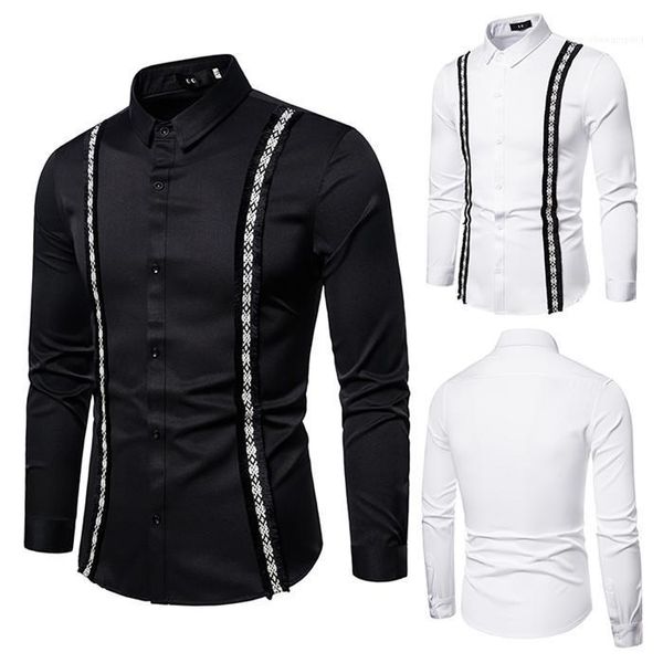 

long sleeve lapel neck casual shirts homme designer single breasted clothes mens folk-custom shirts, White;black