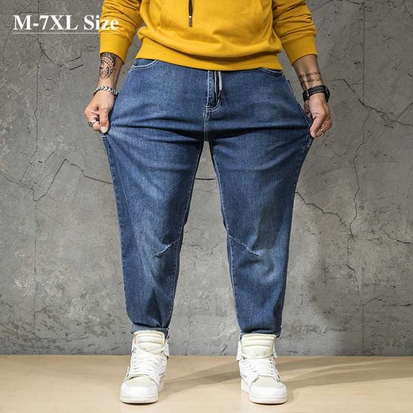 

brand men's loose casual jeans plus size 5xl 6xl 7xl elasticity fashion big pocket streetwear hip hop denim harem pants male, Blue