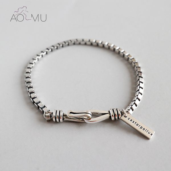 

aomu 2020 new hook simple square letter brand pendant chain silver color metal bracelet for women men girl party punk jewelry, Black